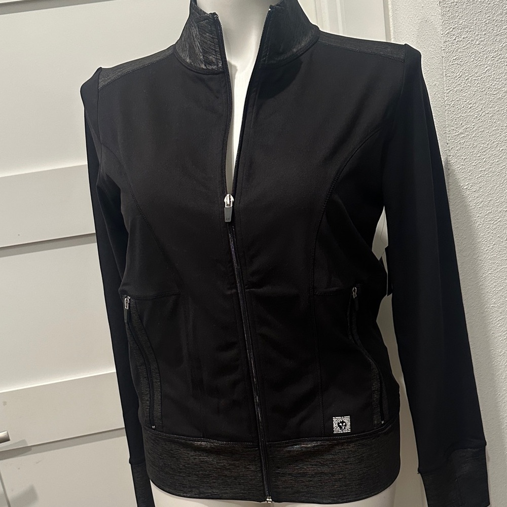 NWT Anne Klein Sport Black Silver Foil Athletic Jacket Size L